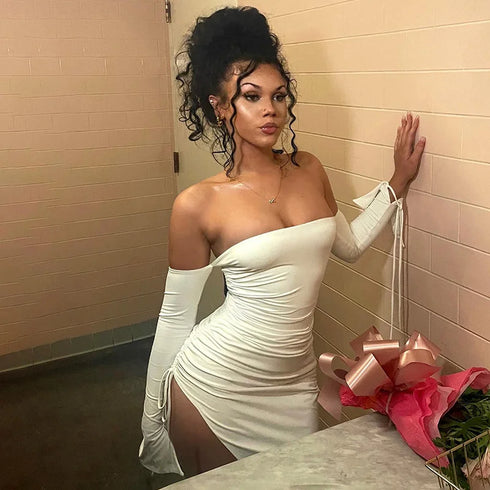 Sexy Off Shoulder Long Sleeve Pleated Tight Fit Dress for Women Party Club Evening